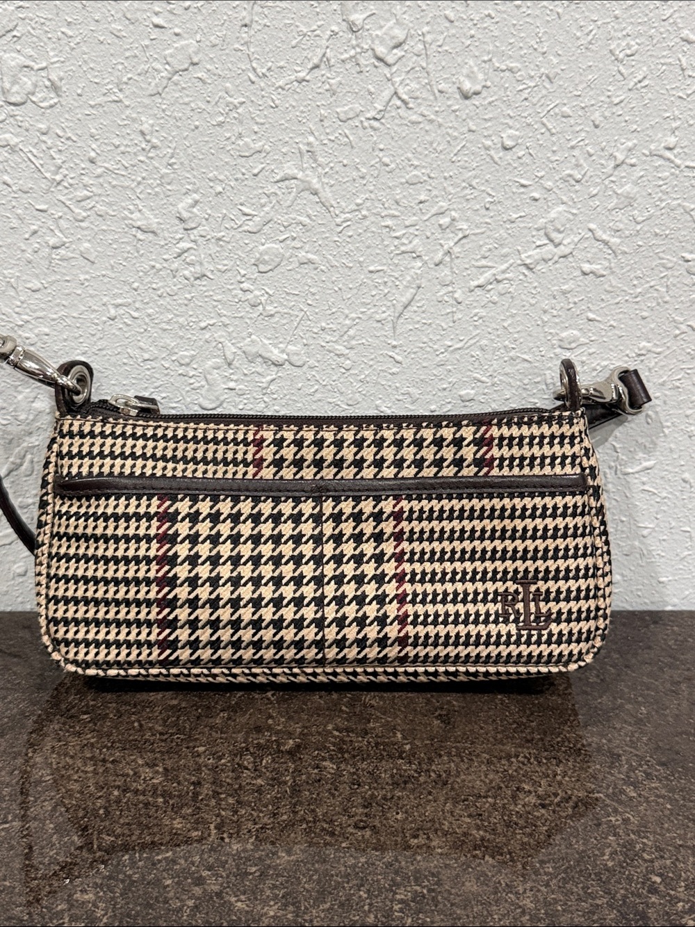 Vintage Y2K Ralph Lauren Brown Plaid Houndstooth Small Shoulder Bag Baguette - Picture 15 of 16